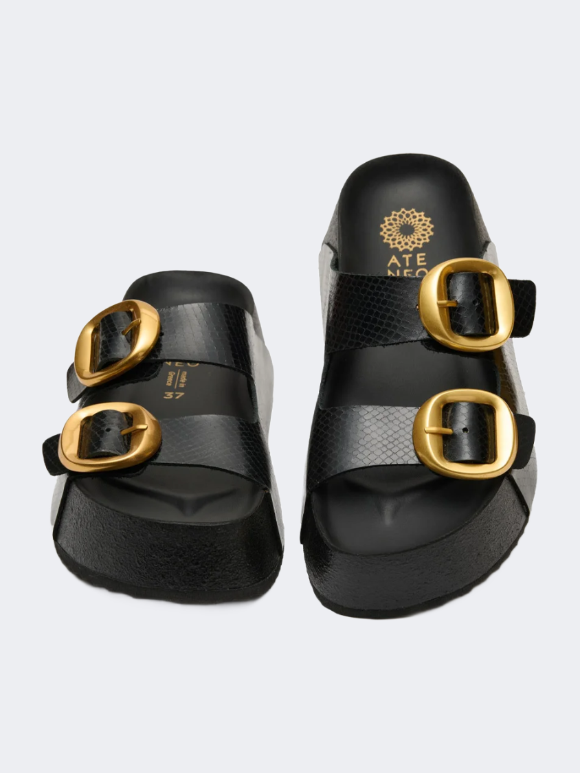 Ateneo Leather Women Beach Slippers Black Snake