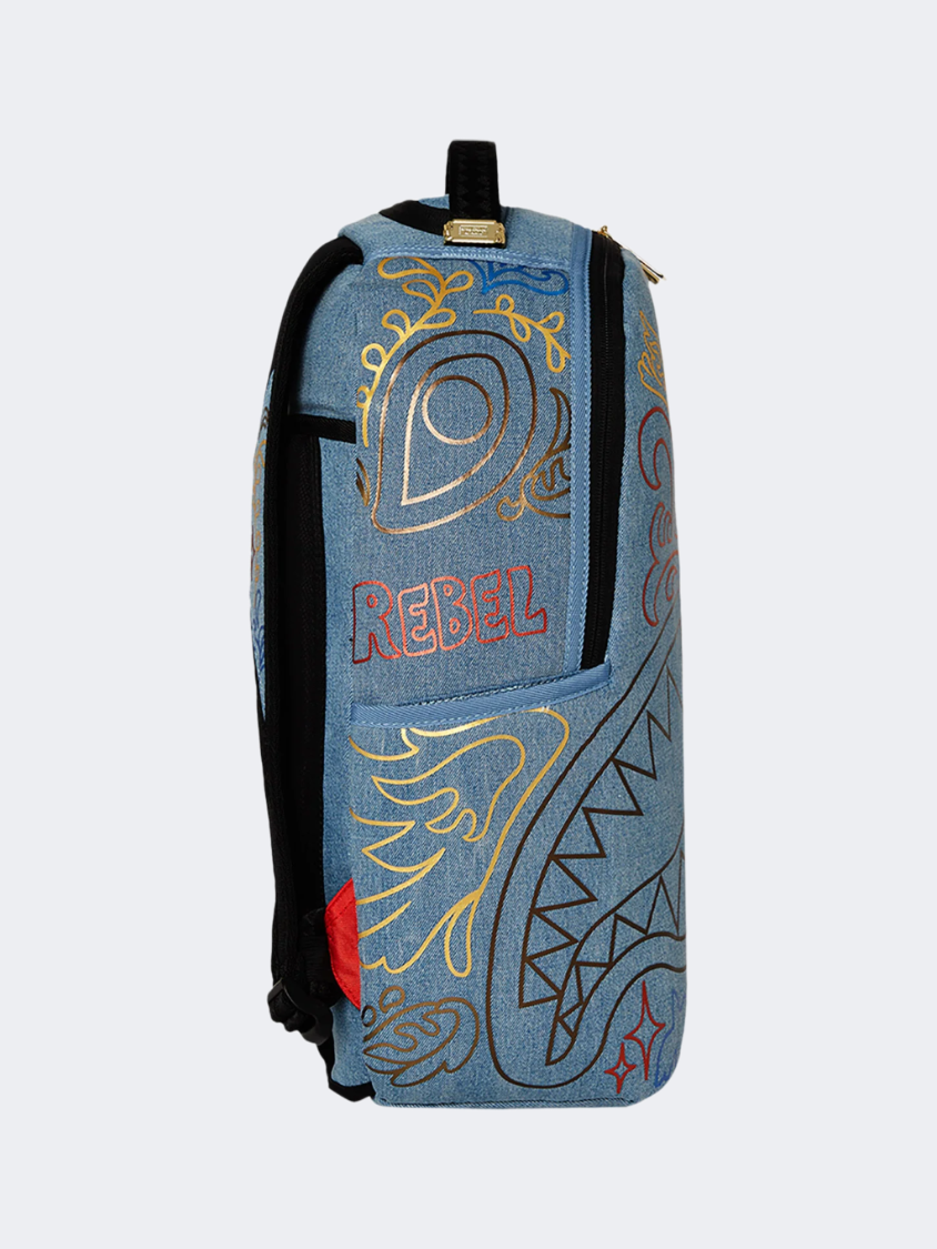 Spray Ground Metallic Printed Denim Shark Unisex Lifestyle Backpack Light Blue