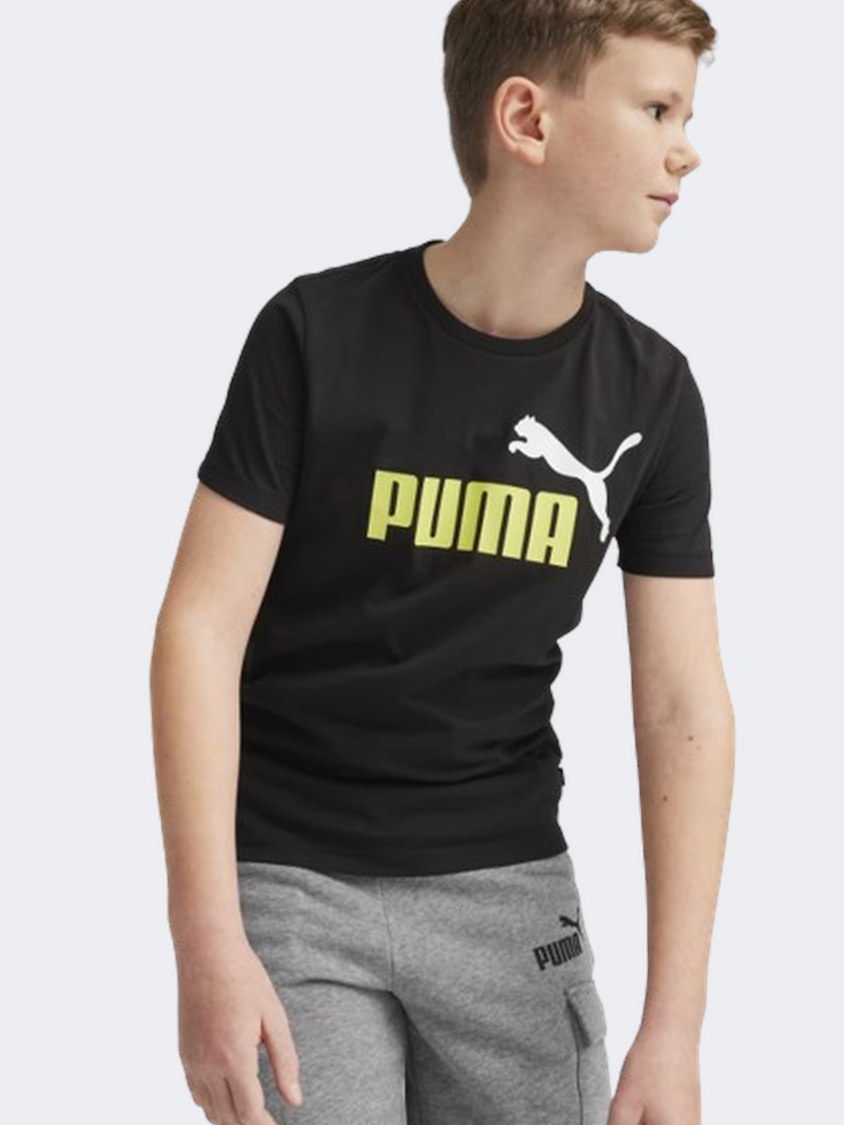 Puma Essential Plus 2 Col Logo Boys Lifestyle T-Shirt Black/Lime Sheen