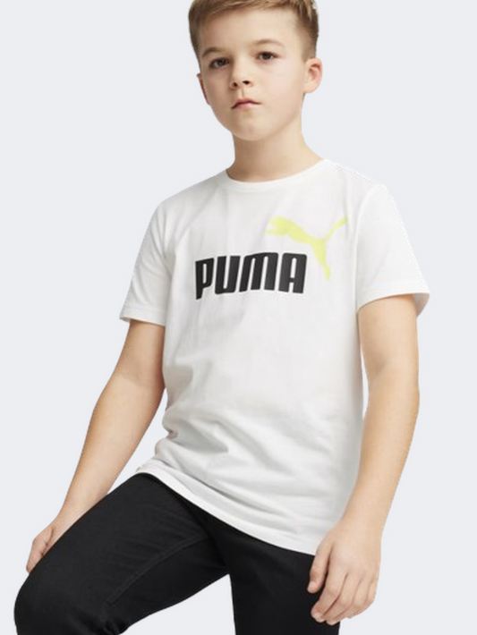 Puma Essential Plus 2 Col Logo Boys Lifestyle T-Shirt White/Lime Sheen
