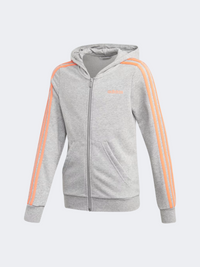 Adidas Essential 3 Stripes Full Zip Kids-Girls Training Hoody Grey/Signal Coral