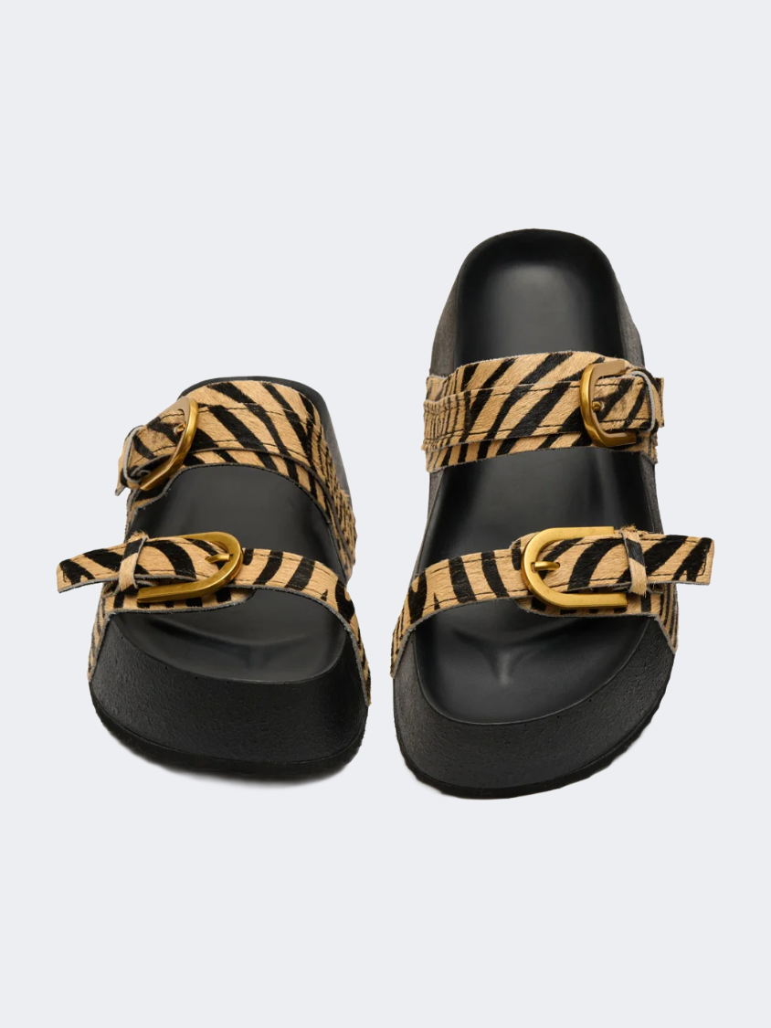 Ateneo Leather Women Beach Slippers Taupe Zebra