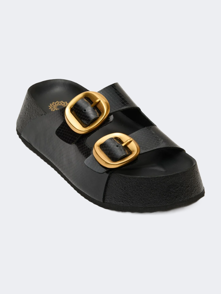 Ateneo Leather Women Beach Slippers Black Snake