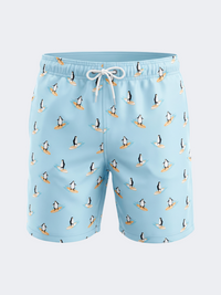 Oil & Gaz Comfortable Men Beach Penguin Print Swim Short Light Blue