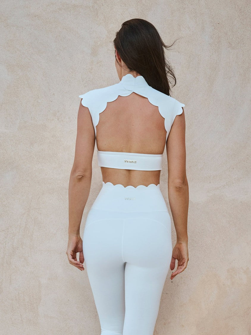 Wiskii High Neck Scallop V-Back Women Sportswear Bra Ivory