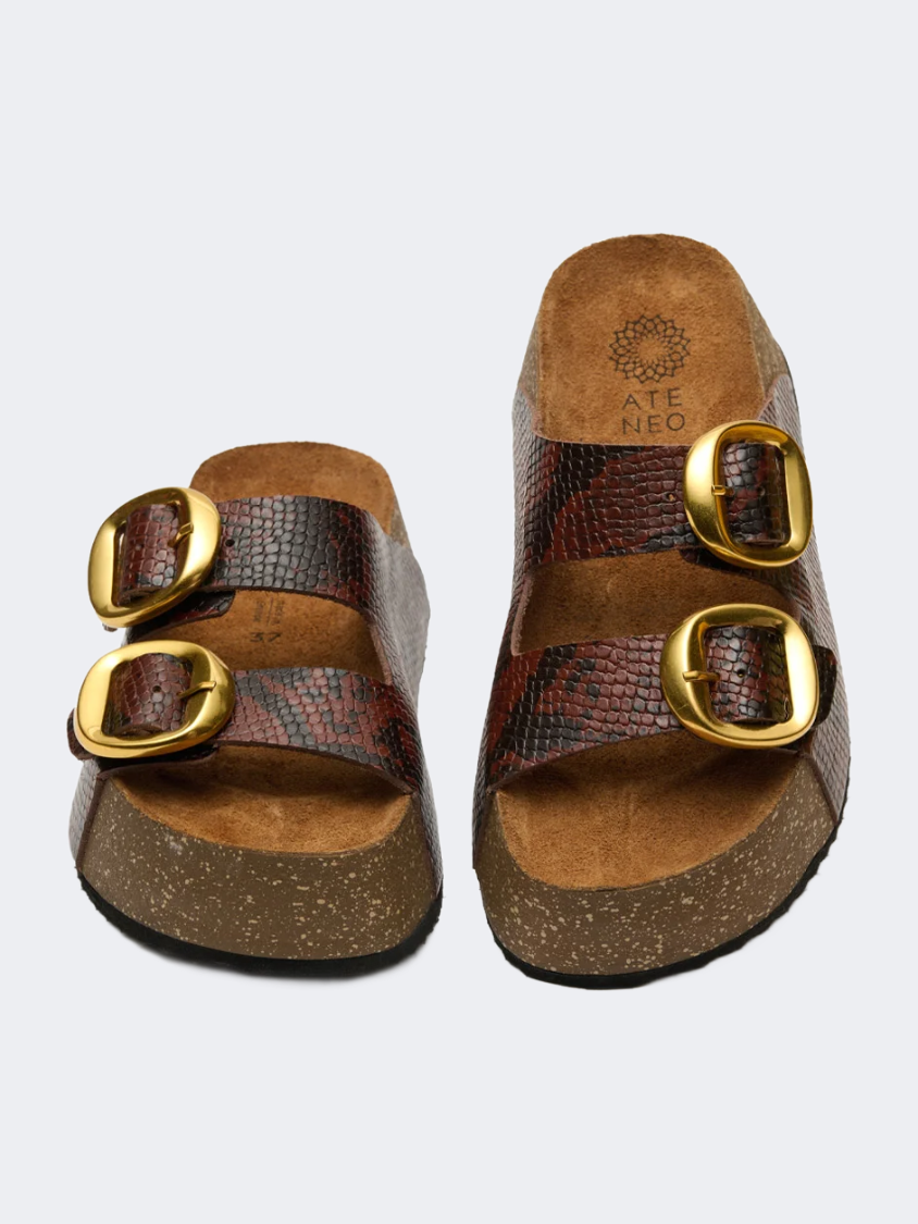 Ateneo Leather Women Beach Slippers Brown Snake