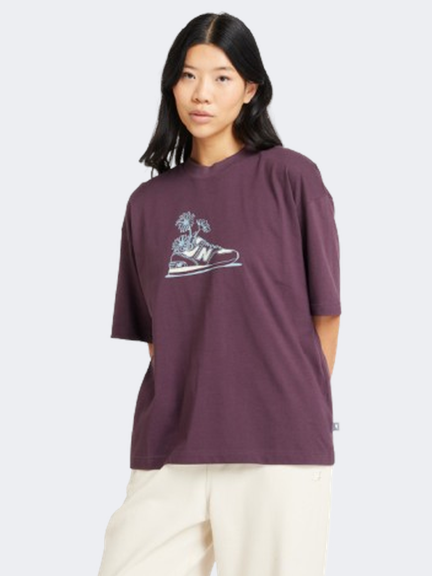 New Balance Oversized Flower Women Lifestyle T-Shirt Plum Brown