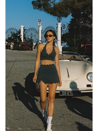 Wiskii High-Waist Scallop Split Front Women Sportswear Skirt Deep Sea