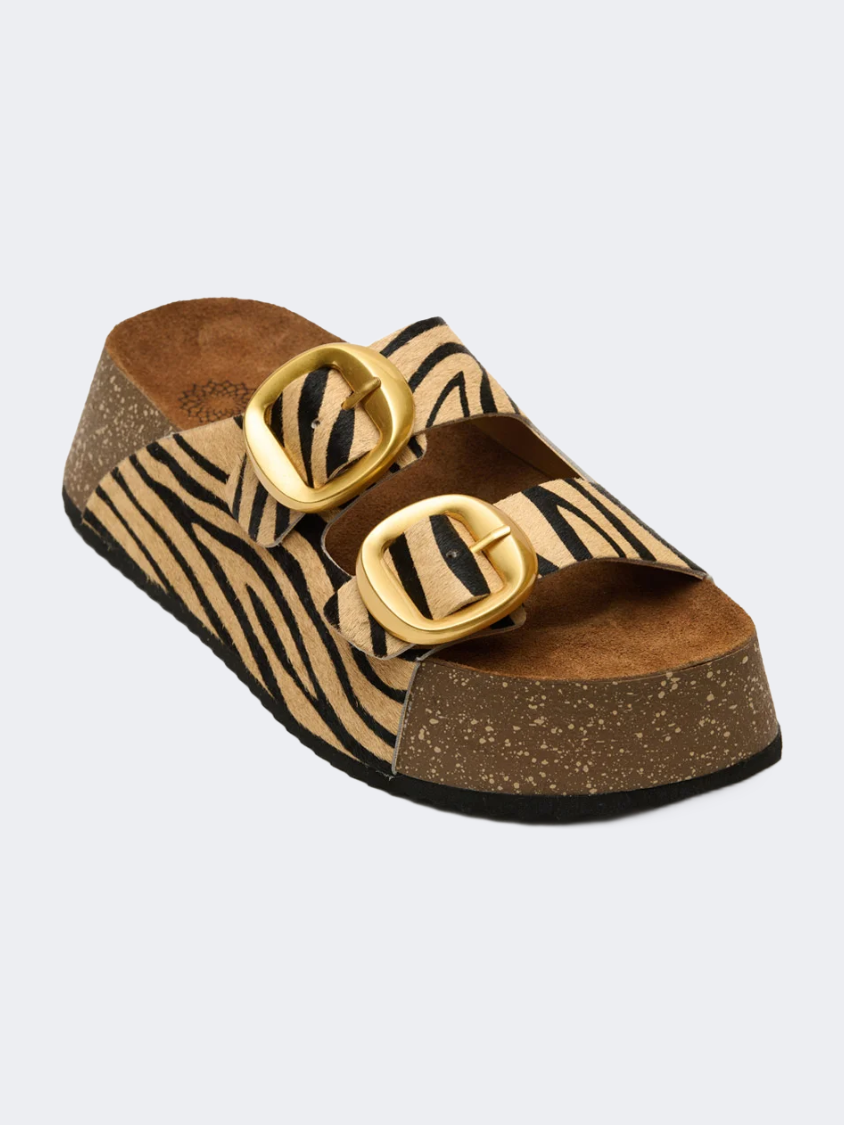 Ateneo Leather Women Beach Slippers Taupe Zebra