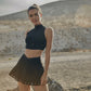 Wiskii V-Waist Laser Cut Tennis Women Sportswear Skirt Black