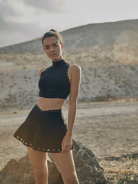 Wiskii V-Waist Laser Cut Tennis Women Sportswear Skirt Black