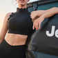 Wiskii High Neck Scallop V-Back Women Sportswear Bra Black