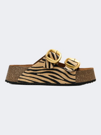 Ateneo Leather Women Beach Slippers Taupe Zebra