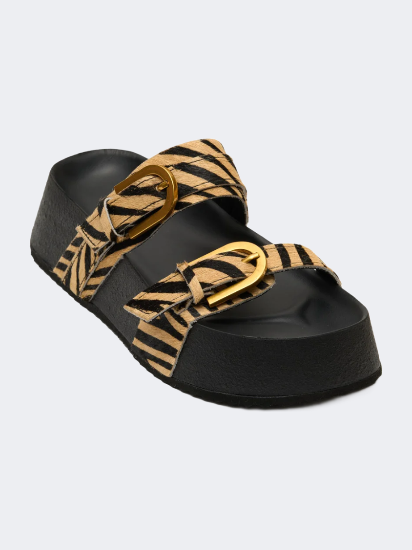Ateneo Leather Women Beach Slippers Taupe Zebra