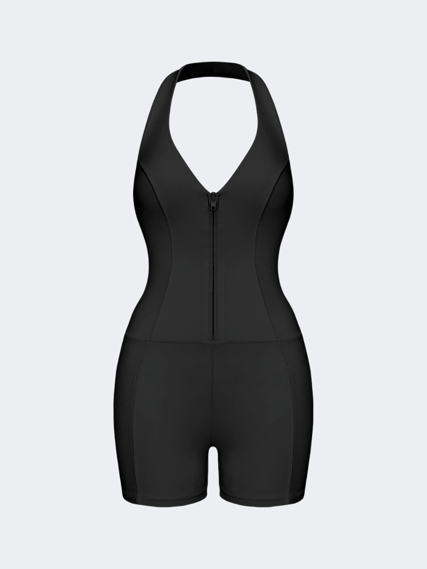 Wiskii Riviera Hourglass Zip Front Romper Women Sportswear Body Suit Black