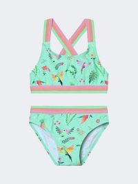 Color Kids Contrast Straps Girl Swim Bikini Set Cabbage Green