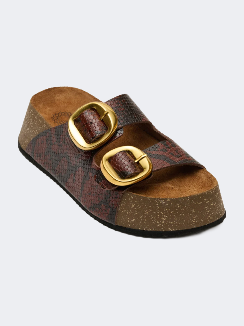 Ateneo Leather Women Beach Slippers Brown Snake