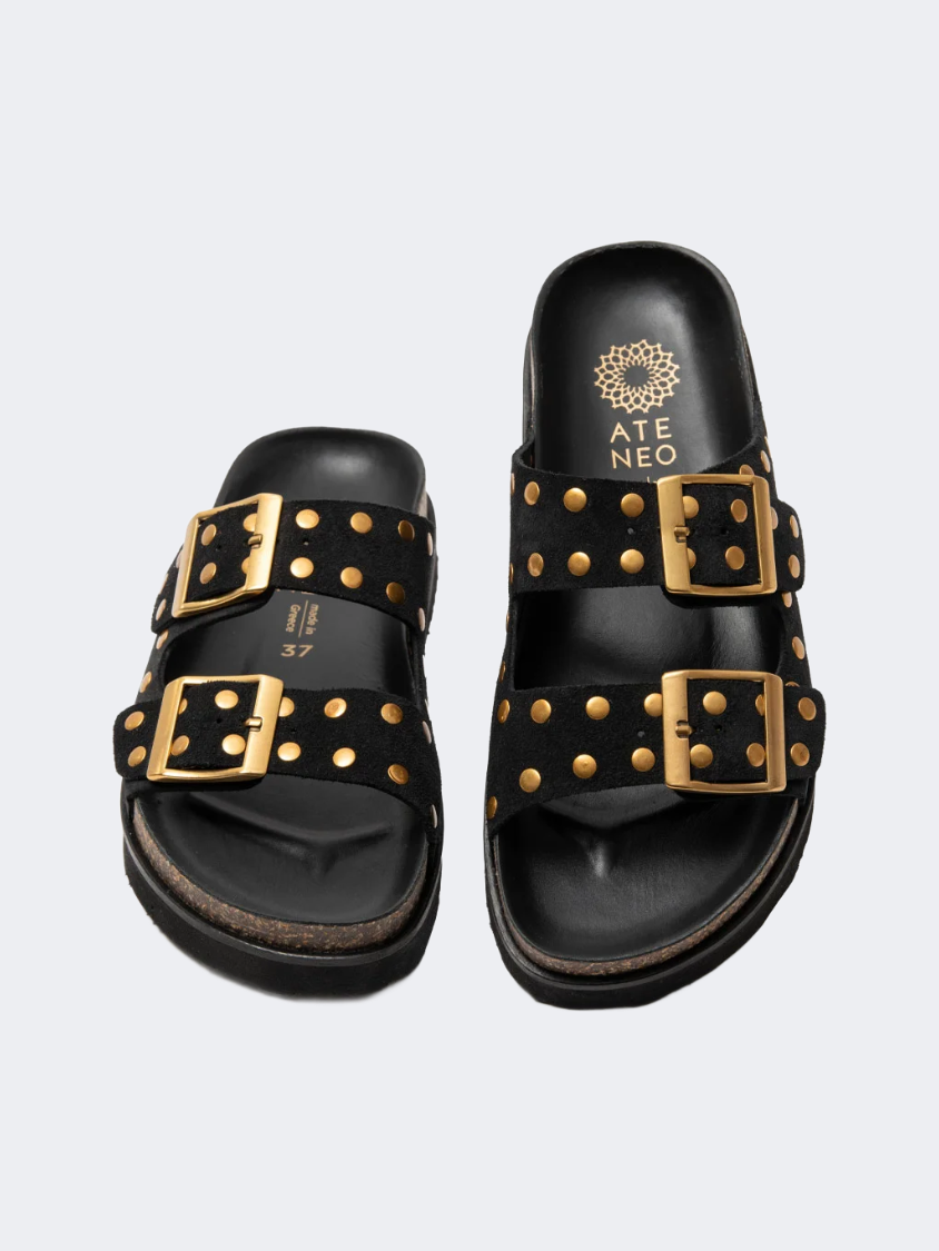 Ateneo Leather Women Beach Slippers Black