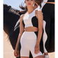 Wiskii High-Waisted Color-Block Women Sportswear Short Blackon Ivory