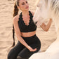 Wiskii V-Cut Scallop Halter Women Sportswear Bra Black