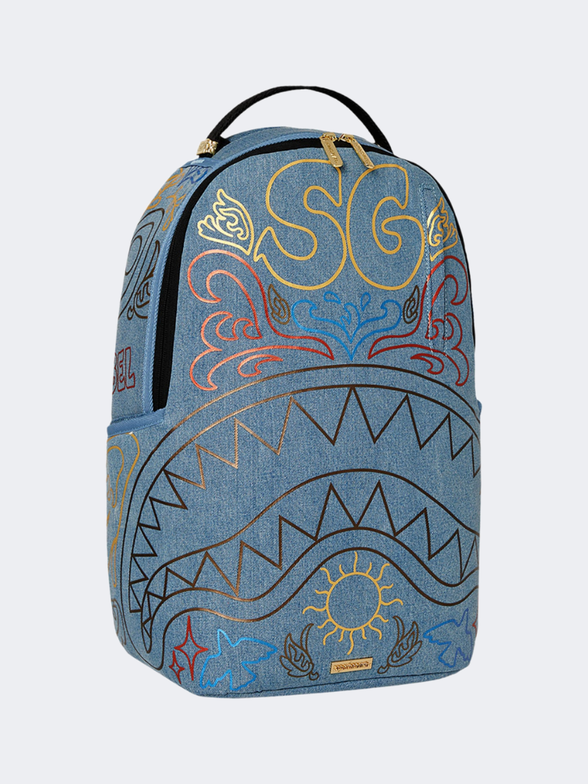 Spray Ground Metallic Printed Denim Shark Unisex  Lifestyle Backpack Light Blue