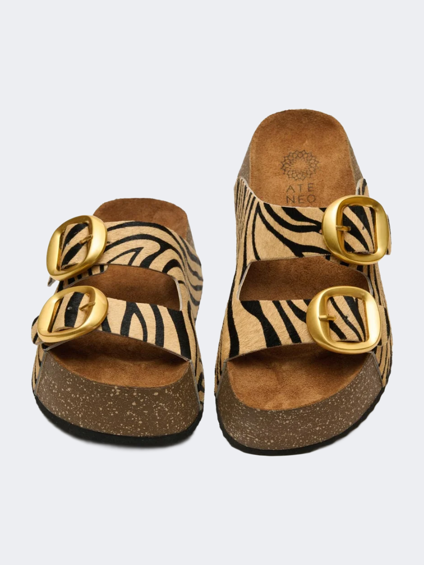 Ateneo Leather Women Beach Slippers Taupe Zebra