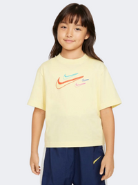 Nike Sportswear Boxy Swoosh Logo Girls Lifestyle T-Shirt Soft Yellow/Multi